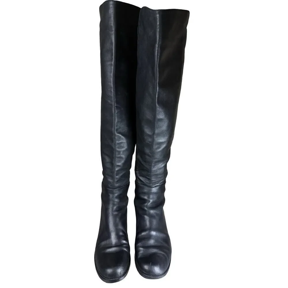 Stuart Weitzman 5050 Black Leather Over Knee Boots Low Heel Size 8.5